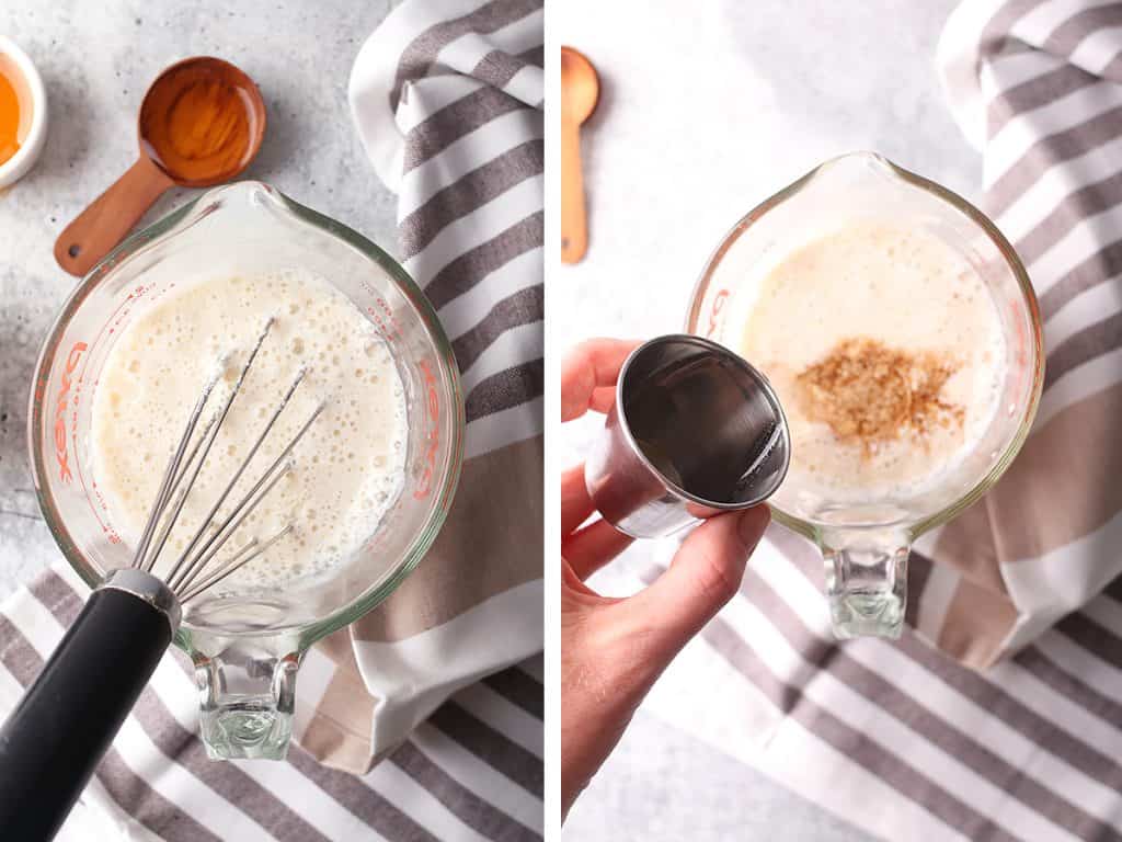 Vegan buttermilk in a liquid measuring cup