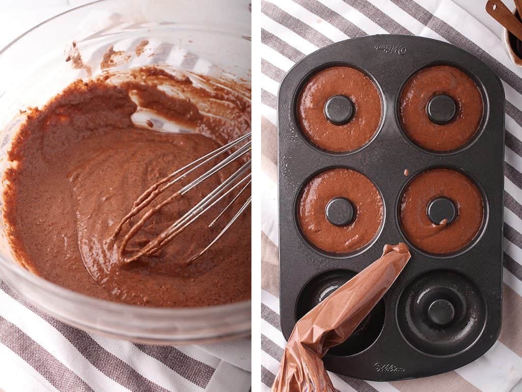 Donut batter piped into a donut pan