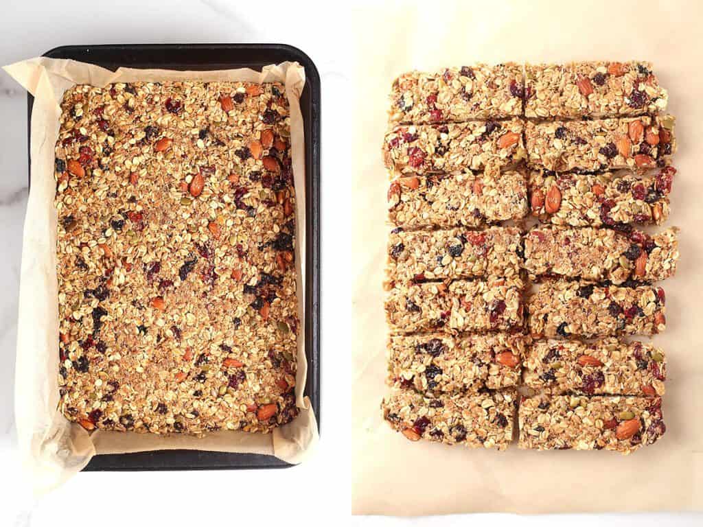 Vegan granola bars pressed into a baking sheet