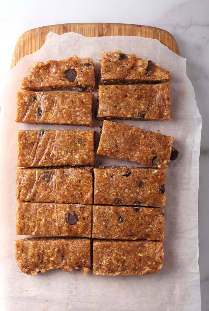 Bars on a cutting board cut into 12 pieces