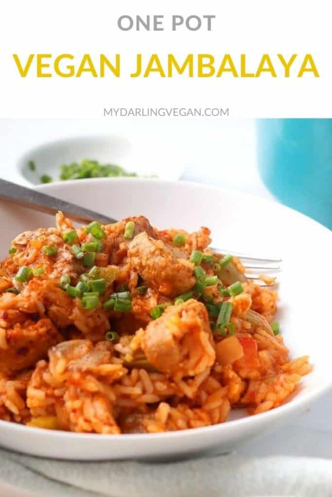 One pot vegan jambalaya in a white bowl