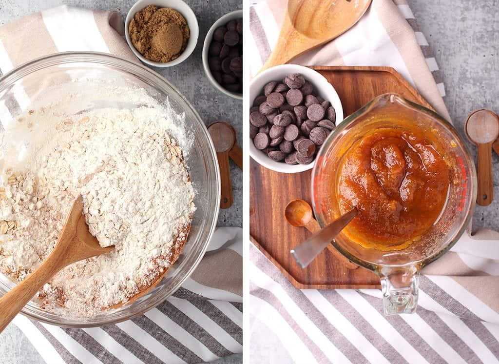 Wet and dry ingredients for cookie recipe