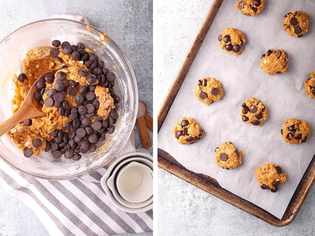 Finished cookie dough rolled into balls and placed on a baking sheet