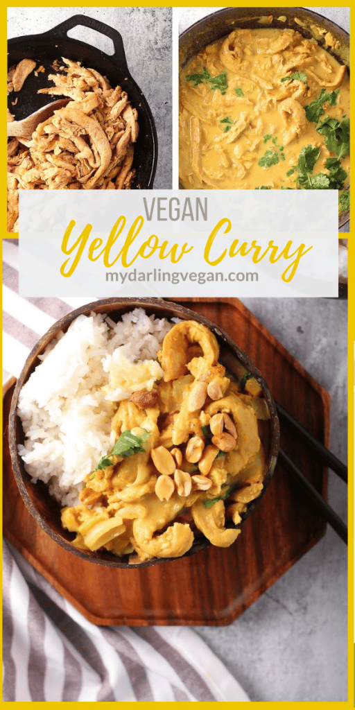 Enjoy this delicious and easy Vegan Yellow Curry tonight! This recipe uses soy curls for an incredible chicken replacement that 100% vegan! Made in just one pot in under 30 minutes for a better-than-takeout family dinner.