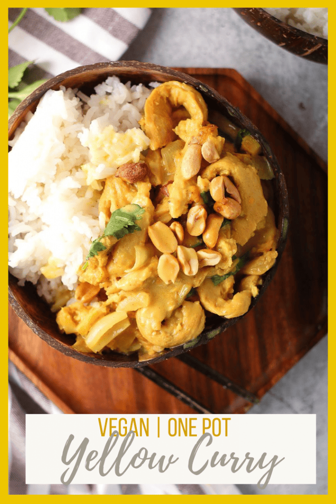 Enjoy this delicious and easy Vegan Yellow Curry tonight! This recipe uses soy curls for an incredible chicken replacement that 100% vegan! Made in just one pot in under 30 minutes for a better-than-takeout family dinner.
