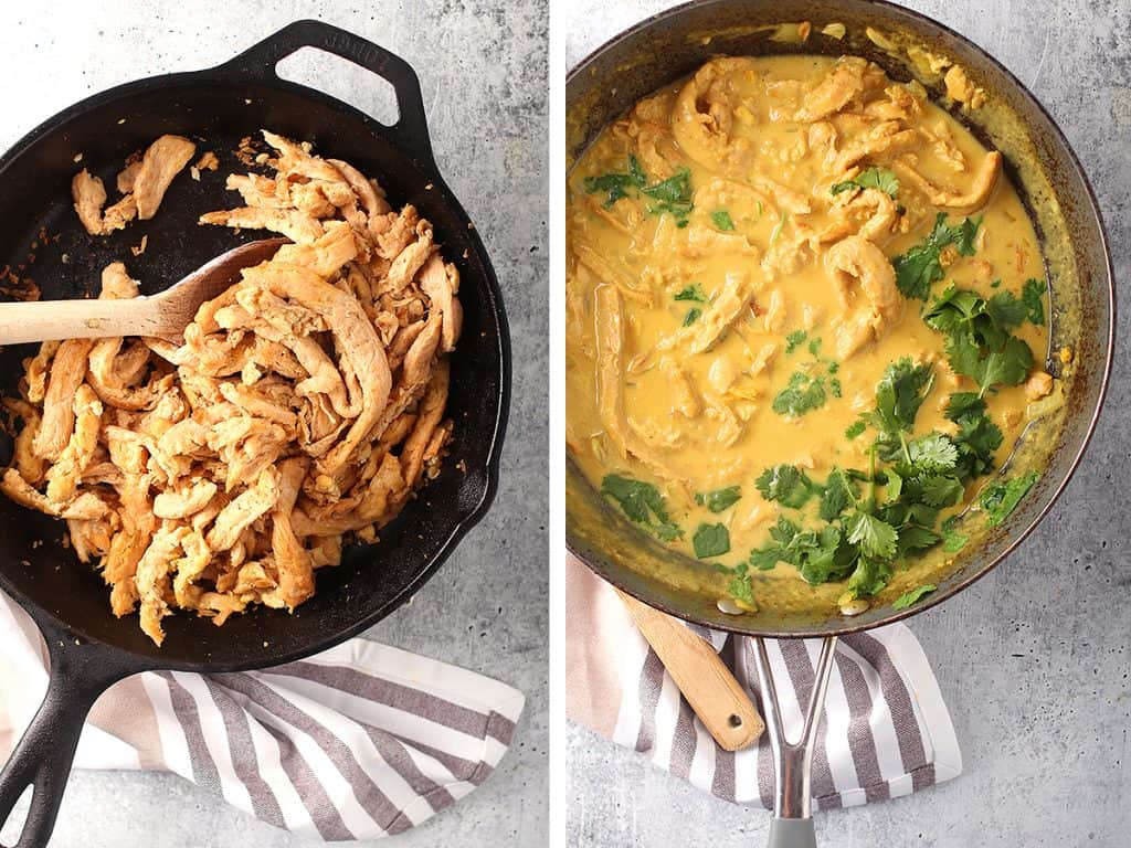 Sautéed soy curls in a cast iron skillet