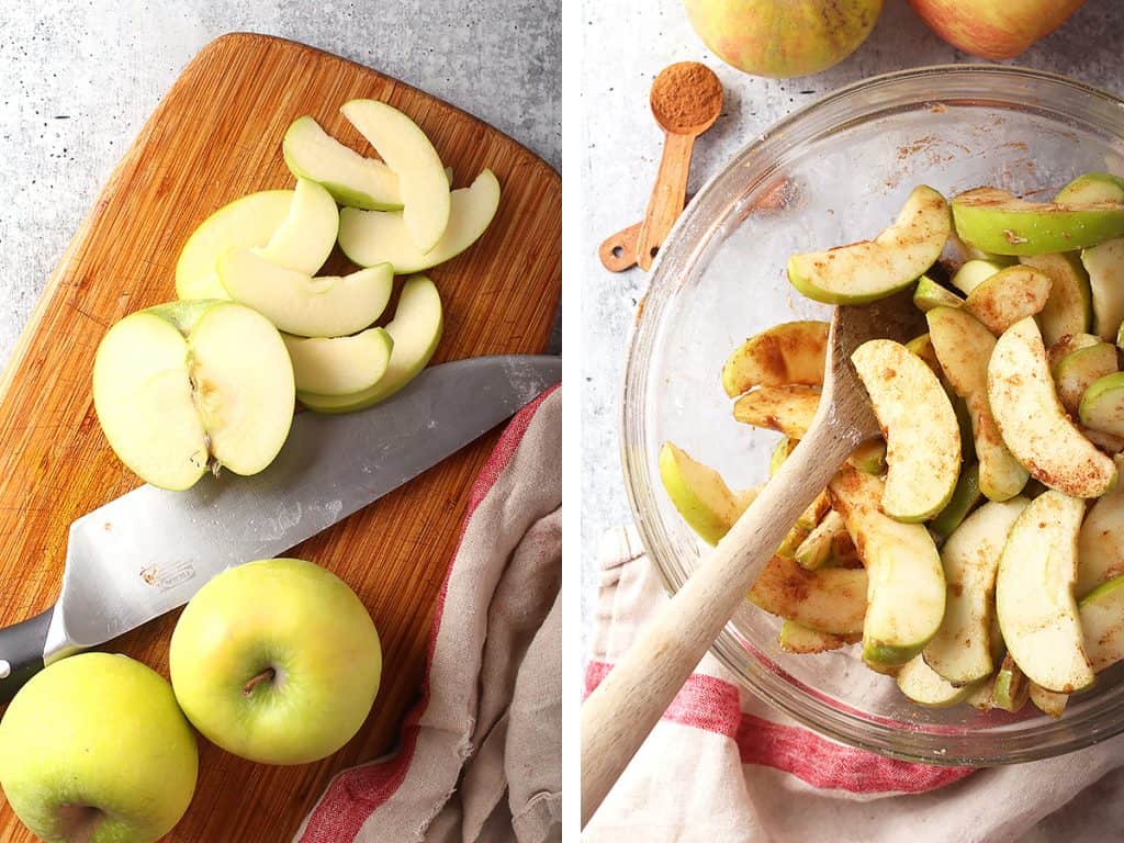 Thinly sliced apples coated in brown sugar and cinnamon