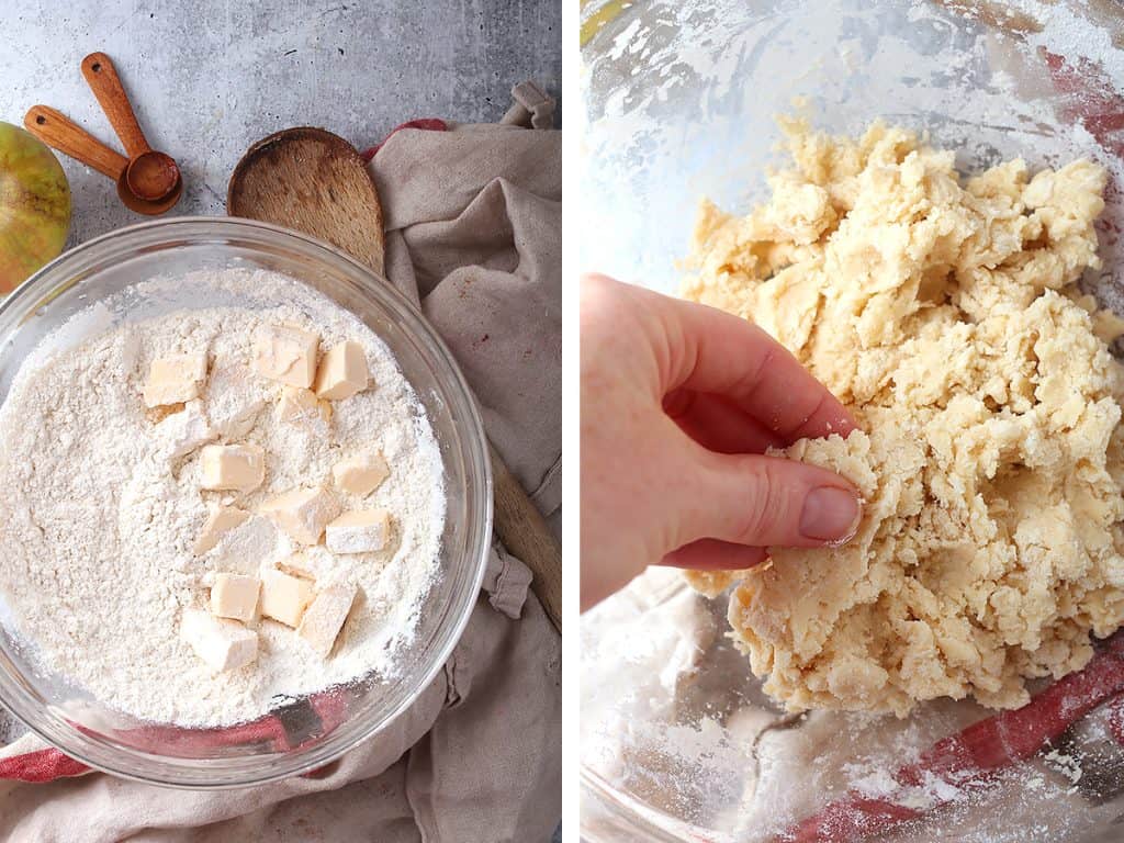 Flour and cubed butter in a glass mixing bowl