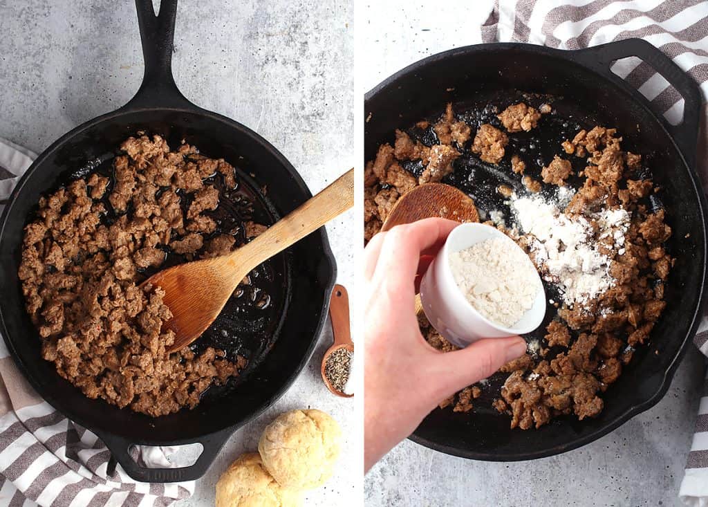 Ground sausage sautéing in a cast iron skillet