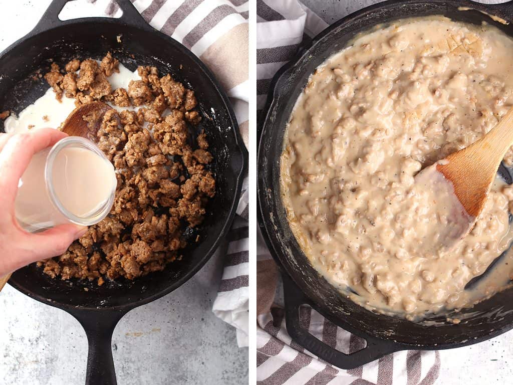 Gravy simmering in a cast iron skillet