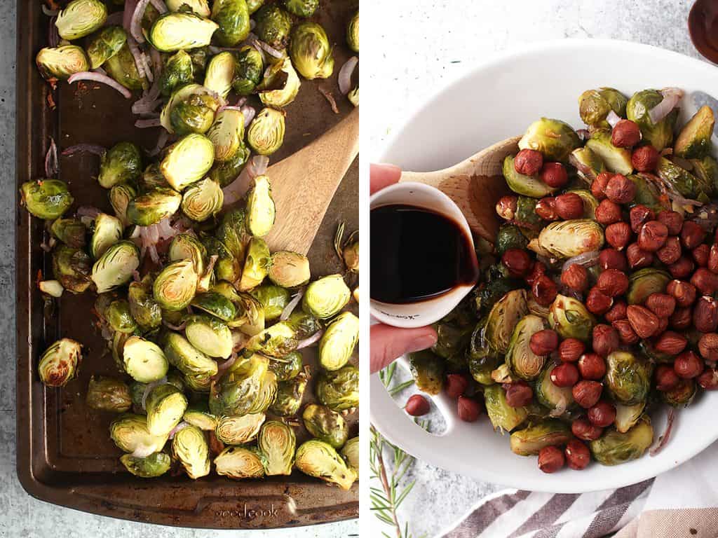 Roasted Brussels sprouts on a sheet pan