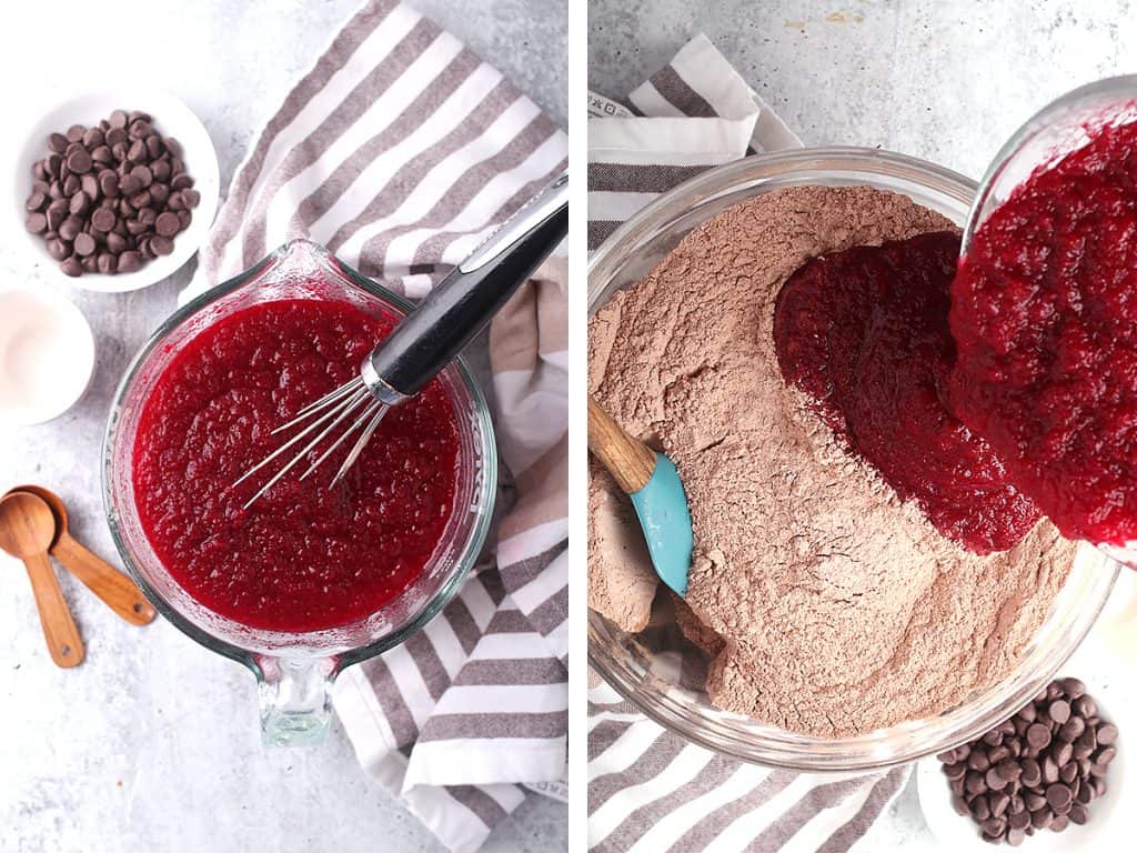 Puréed beets poured into dry ingredients