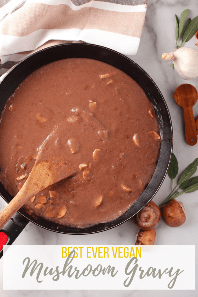 You will want to pour this vegan mushroom gravy everything! Made with portobello mushrooms and red wine, it is rich and deep in flavor. Gluten-free adaptable for a delicious and inclusive choice for holiday dinners.