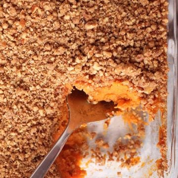 Finished sweet potato casserole in a glass casserole dish