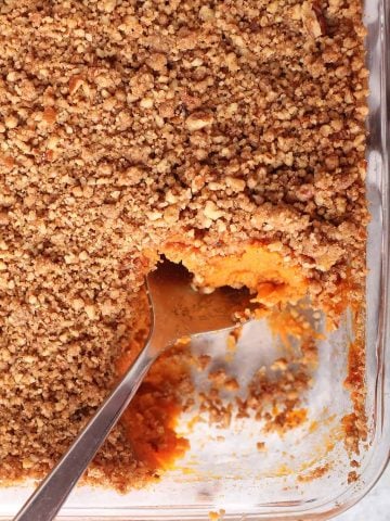 Finished sweet potato casserole in a glass casserole dish