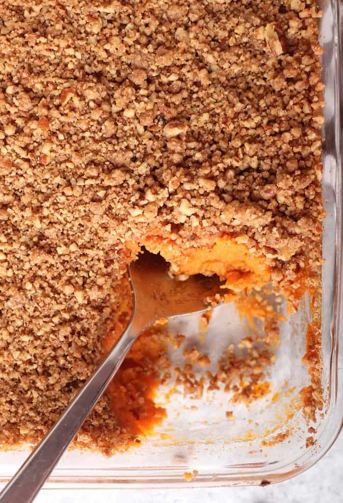 Finished sweet potato casserole in a glass casserole dish