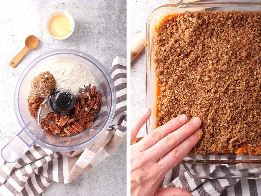 Pecan topping for casserole in a food processor