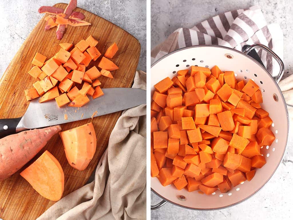 Cubes and cooked sweet potatoes