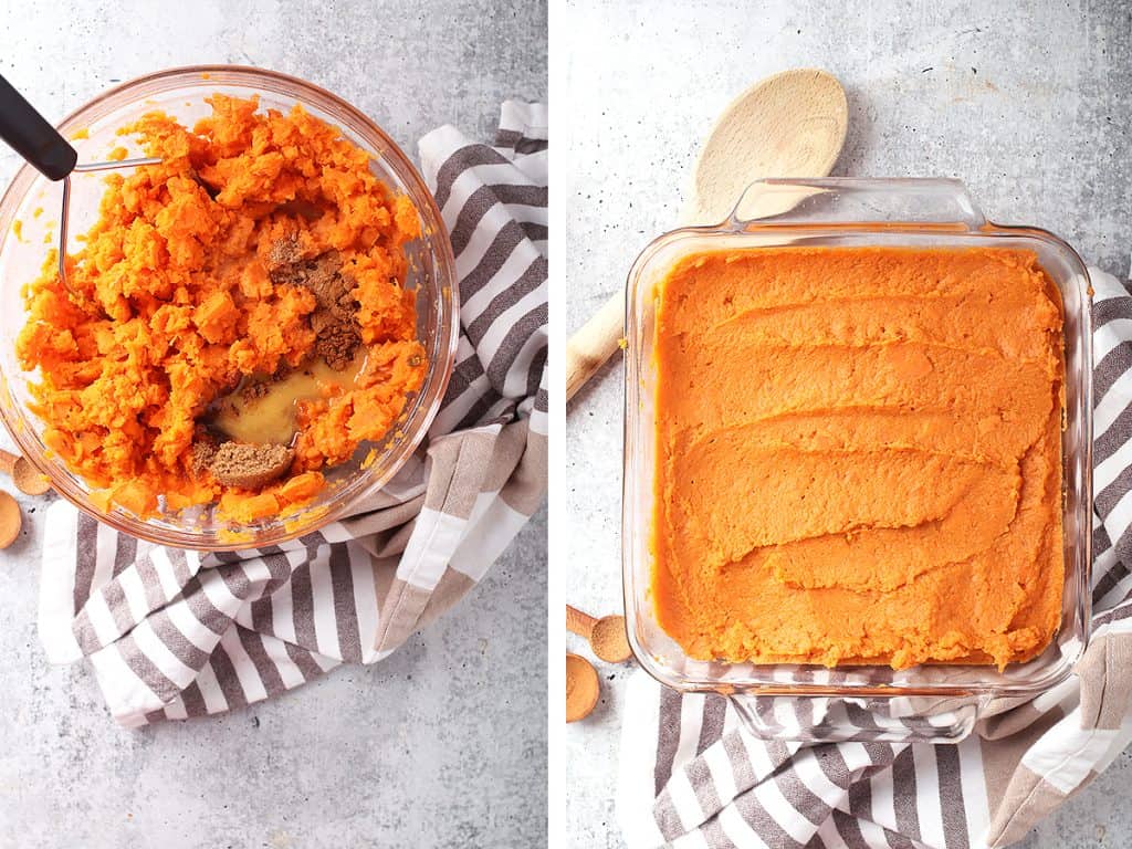 Mashed sweet potatoes in a glass bowl
