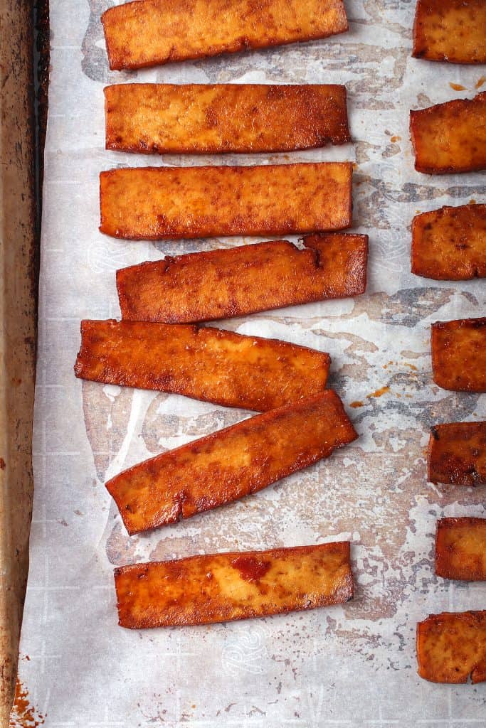 Tofu bacon on a baking sheet