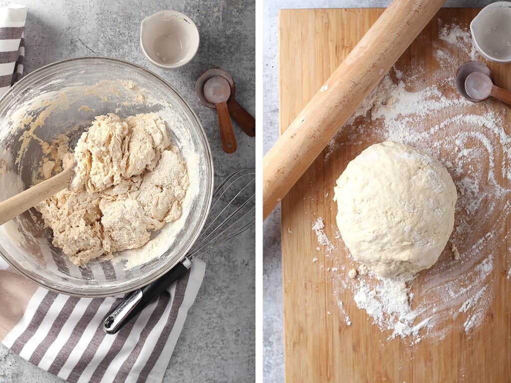 Biscuit dough on a cutting board with a rolling pin