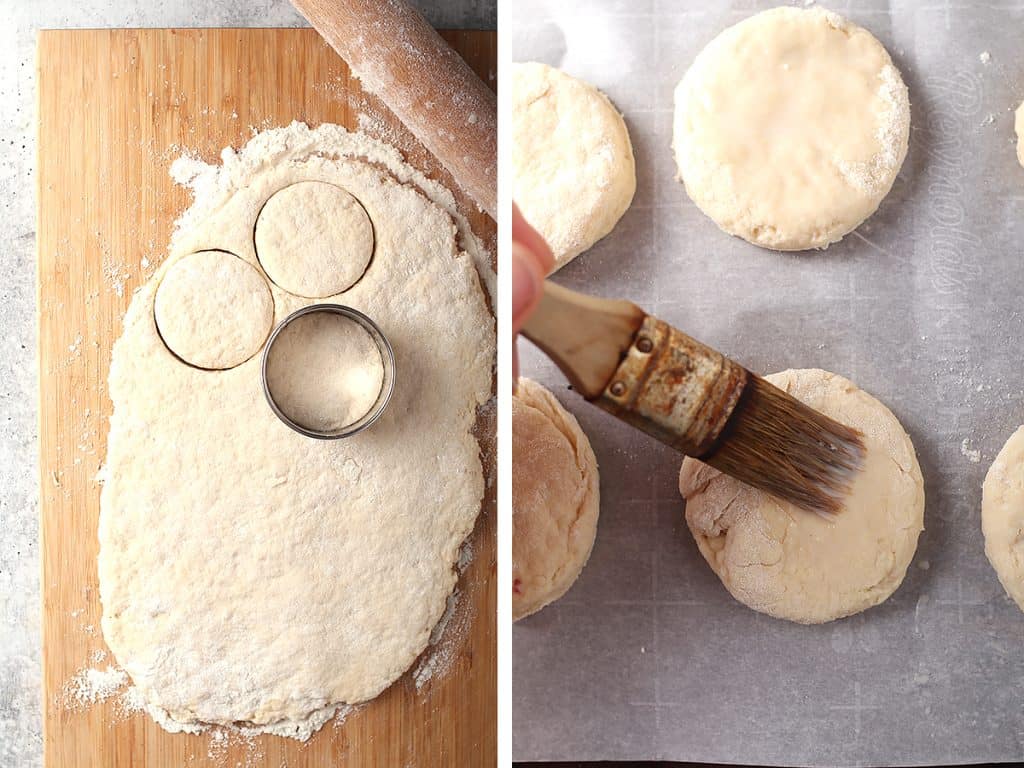Biscuit dough rolled out and cut into circles. 