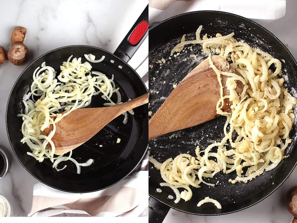 Thinly sliced onions sautéing in a pan