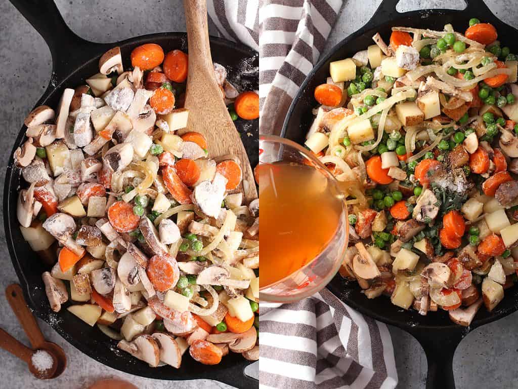 Tofu pot pie filling in a cast iron skillet