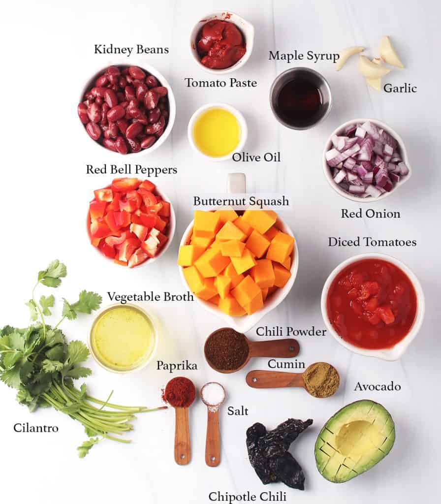 Ingredients for vegan chili on a marble background