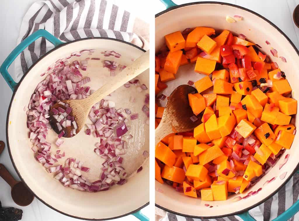 Onions, peppers, and butternut squash sautéing in a large soup pot