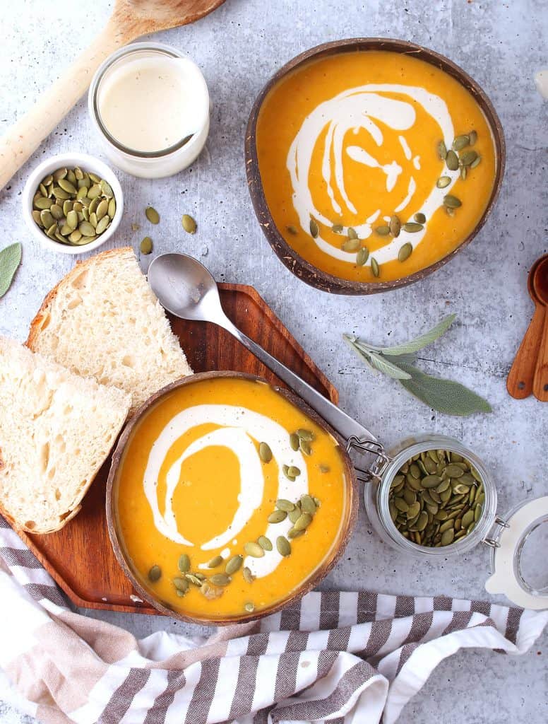 Two bowls of finished butternut squash soup