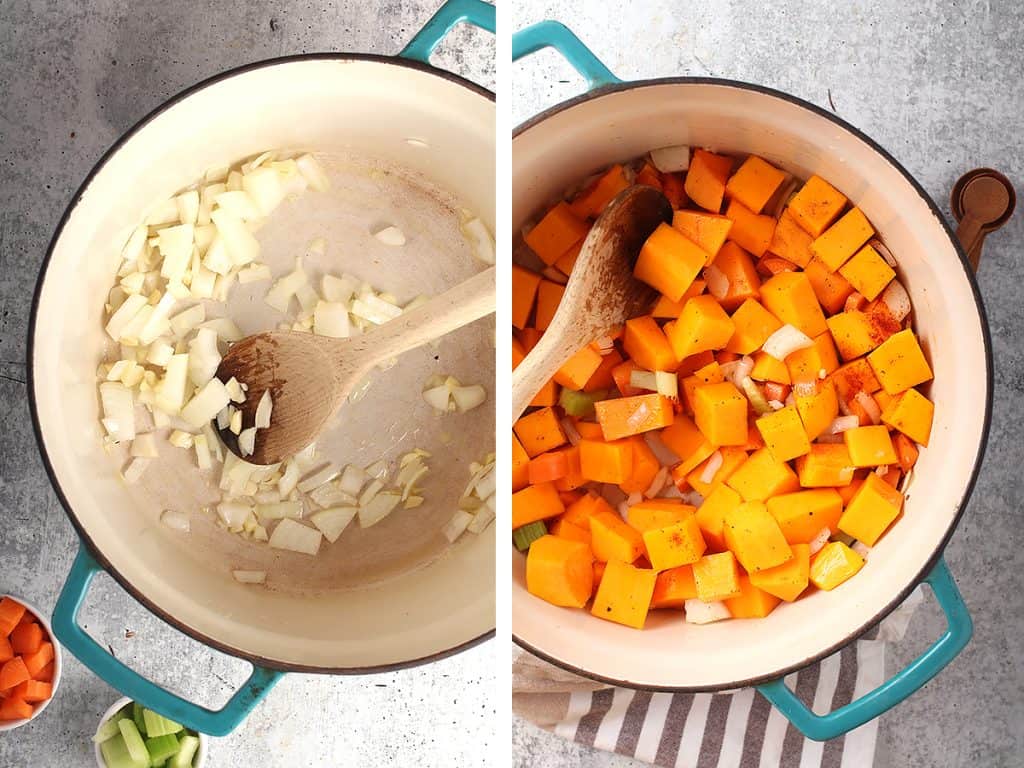 Sautéed onions and butternut squash in a large soup pot