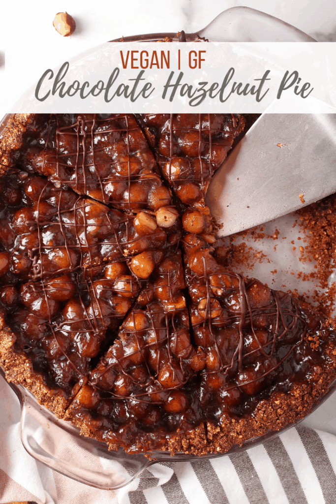 This chocolate hazelnut pie is a vegan and gluten free treat that is perfect for the holidays. It's like a classic pecan pie made vegan and with hazelnuts and chocolate - an instant holiday favorite!