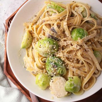 Finished Alfredo pasta in a white plate with a fork