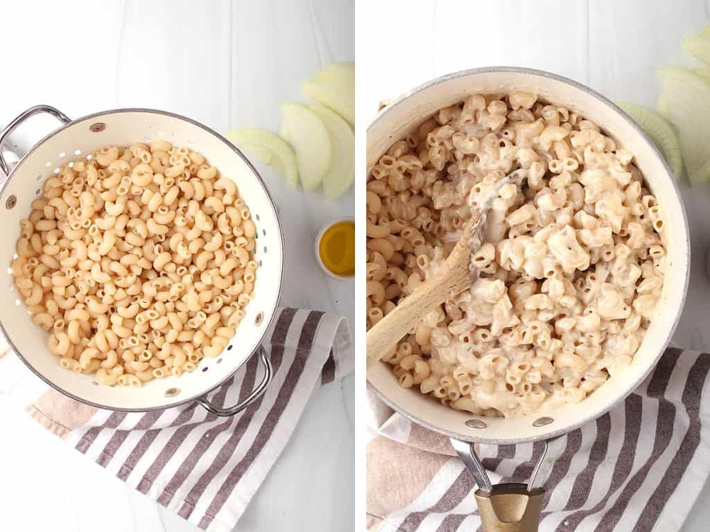 Cooked macaroni pasta in a white colander