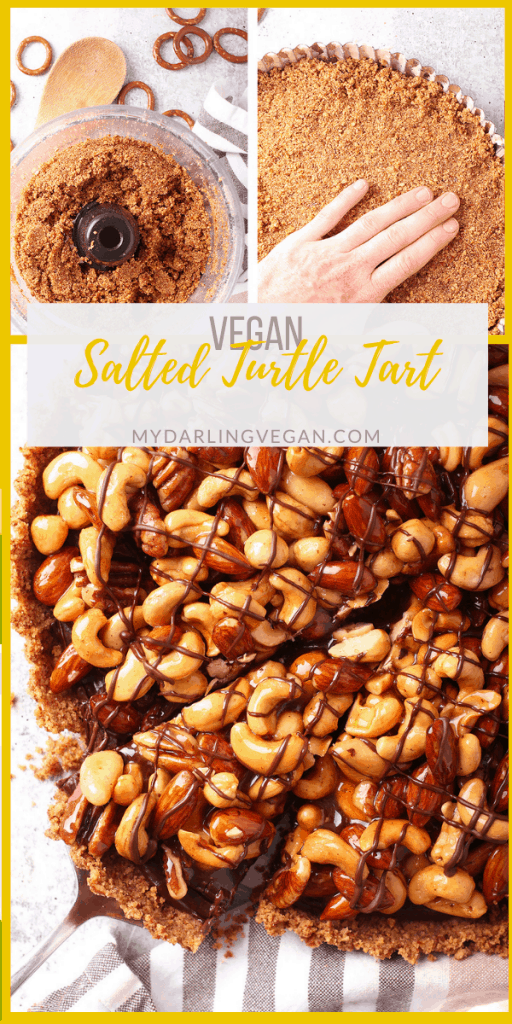 This salted turtle tart is the knock-your-socks-off dessert you need on your table this holiday season. It's a salty pretzel crust with velvety chocolate ganache and caramel coated assorted nuts for a vegan dessert that is the perfect end to any celebration!