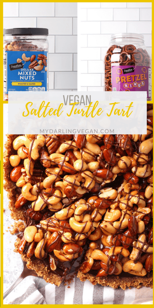 This salted turtle tart is the knock-your-socks-off dessert you need on your table this holiday season. It's a salty pretzel crust with velvety chocolate ganache and caramel coated assorted nuts for a vegan dessert that is the perfect end to any celebration!