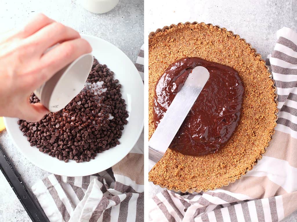 Chocolate ganache spread over a pretzel crust