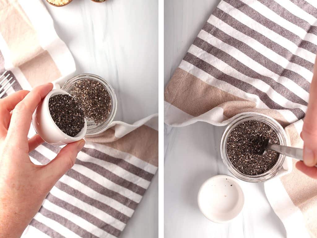 Chia seeds and water in a small Mason jar