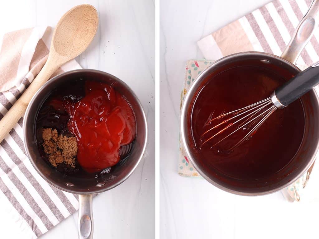 Cranberry sauce and ketchup simmering in a pot