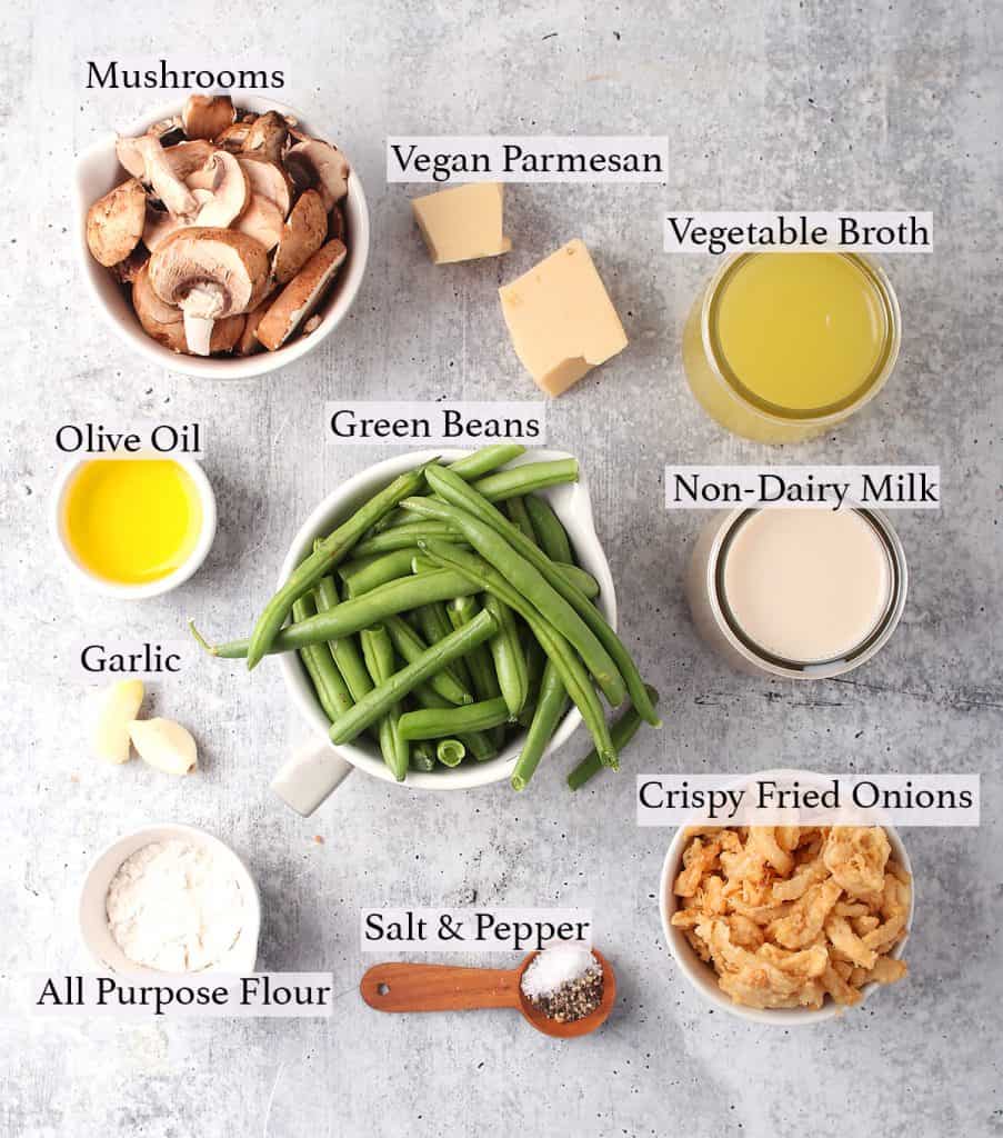 Ingredients for casserole measured out on a concrete countertop