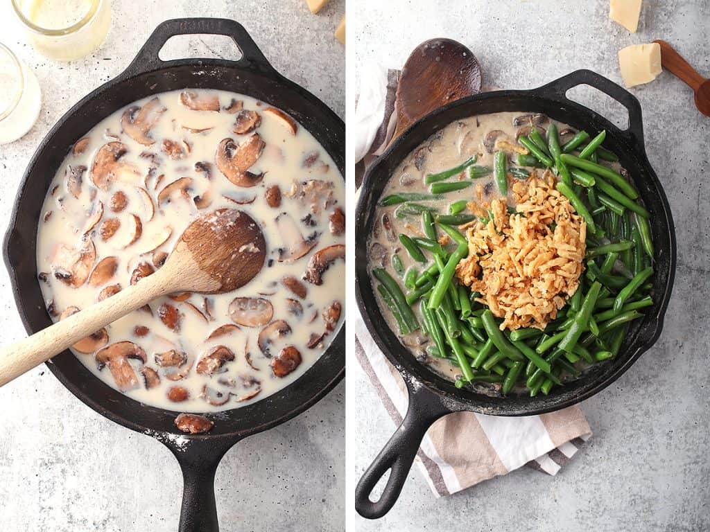 Mushroom cream sauce and green beans in a skillet