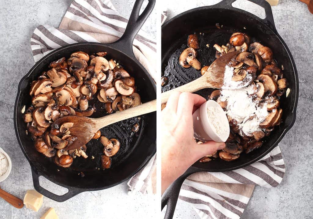 Sautéed onions and mushrooms in a cast iron skillet