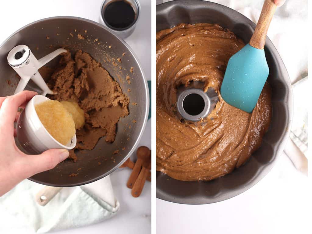 Finished cake batter in a Bundt pan