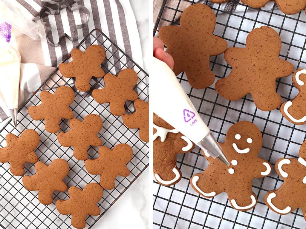 Baked gingerbread men cooling on a wire cooling rack