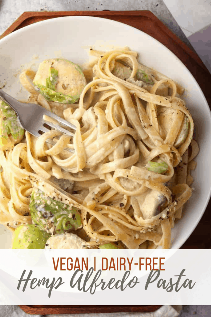 You’re going to love this hemp alfredo pasta. It’s a creamy white sauce mixed with fettuccine pasta and sautéed vegetables for a quick and easy weeknight meal. Made in under 30 minutes!