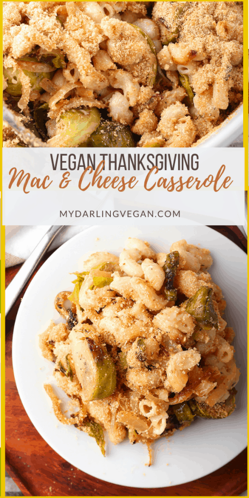 This Vegan Mac and Cheese Casserole is a delicious and easy recipe. It is made with Daiya Cheezy Mac and mixed with caramelized onions and sautéed Brussels sprouts for an effortless holiday dish.