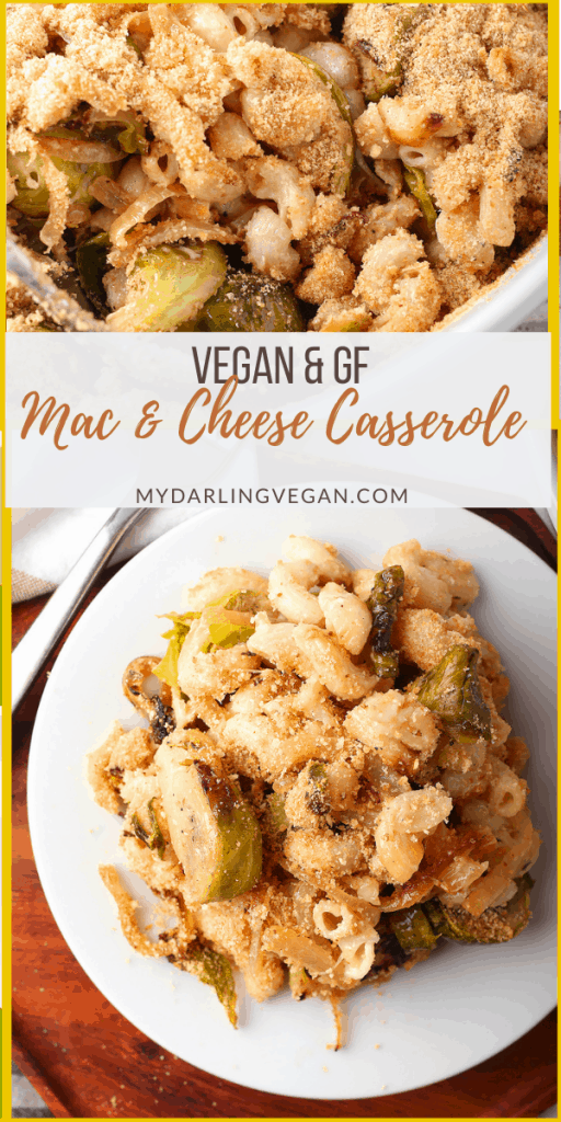 This Vegan Mac and Cheese Casserole is a delicious and easy recipe. It is made with Daiya Cheezy Mac and mixed with caramelized onions and sautéed Brussels sprouts for an effortless holiday dish.