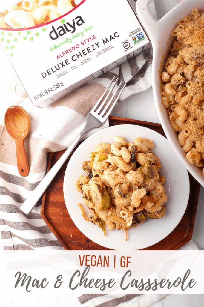 This Vegan Mac and Cheese Casserole is a delicious and easy recipe. It is made with Daiya Cheezy Mac and mixed with caramelized onions and sautéed Brussels sprouts for an effortless holiday dish.