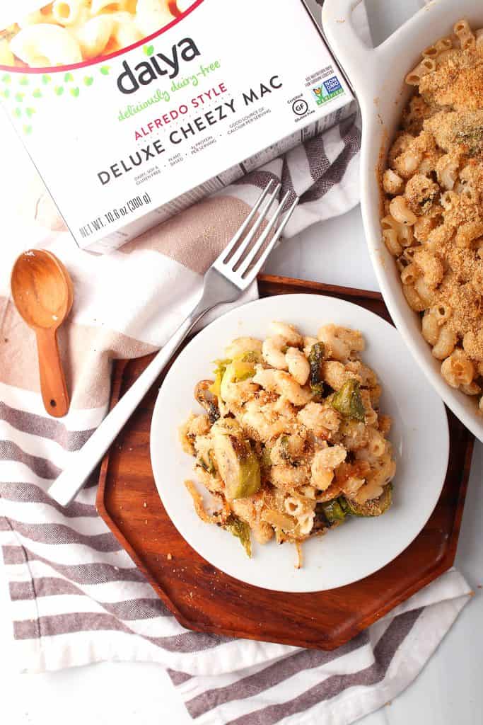 Finished casserole on a white dish with a fork